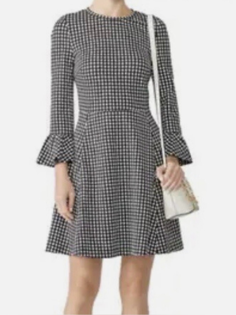 kate spade Black & White houndstooth Long Sleeve Fit-and-Flare Dress
